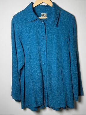URU Hand-Dyed Silk Button-Up Shirt Deep Teal One Size Vintage Designer Japanese